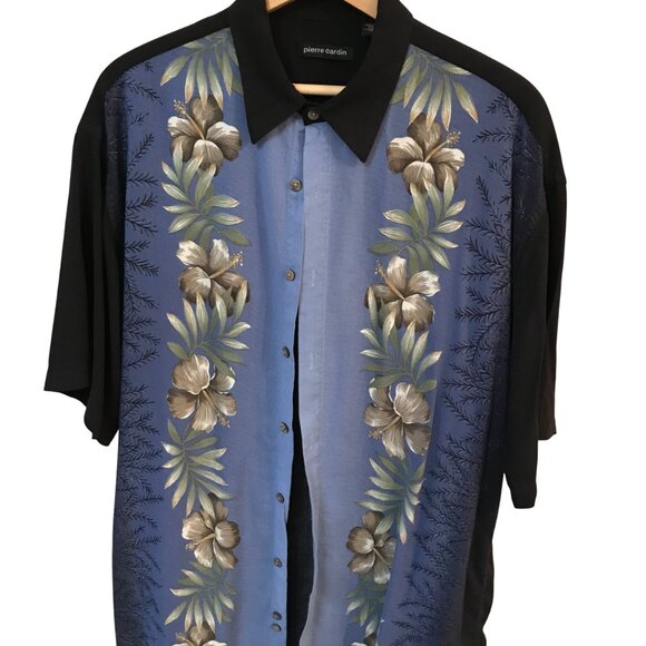 Pierre Cardin Two-Tone Rayon Shirt: Tropical Floral Blue Black, Men’s Size Large - Picture 6 of 8